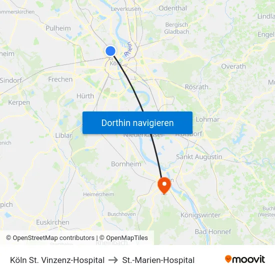 Köln St. Vinzenz-Hospital to St.-Marien-Hospital map