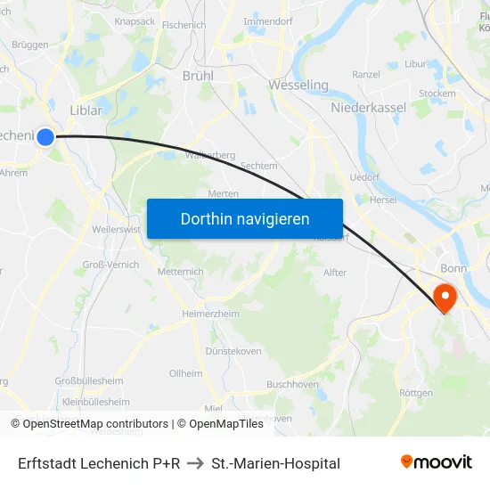 Erftstadt Lechenich P+R to St.-Marien-Hospital map