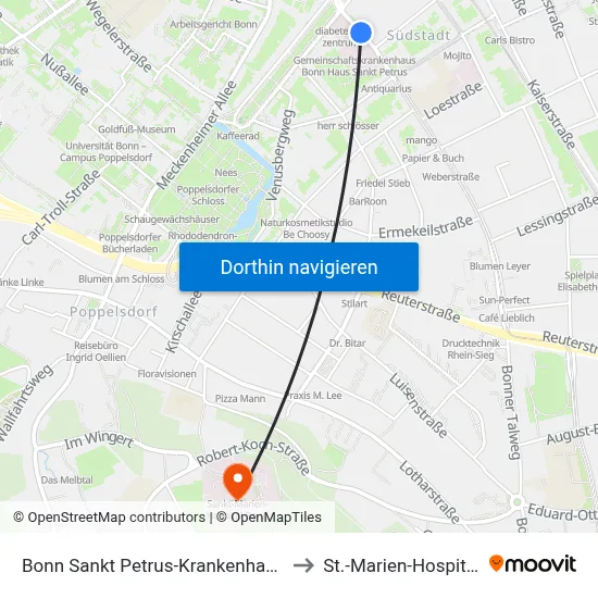 Bonn Sankt Petrus-Krankenhaus to St.-Marien-Hospital map