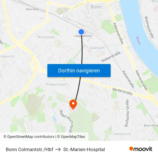 Bonn Colmantstr./Hbf to St.-Marien-Hospital map