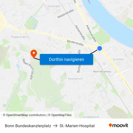 Bonn Bundeskanzlerplatz to St.-Marien-Hospital map