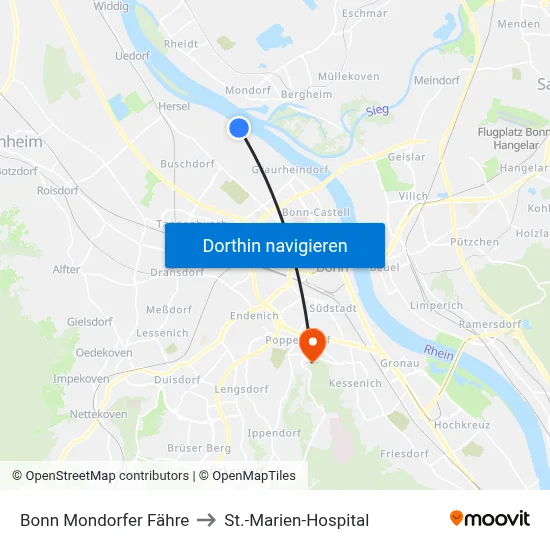 Bonn Mondorfer Fähre to St.-Marien-Hospital map