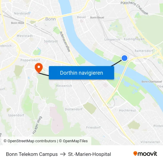 Bonn Telekom Campus to St.-Marien-Hospital map