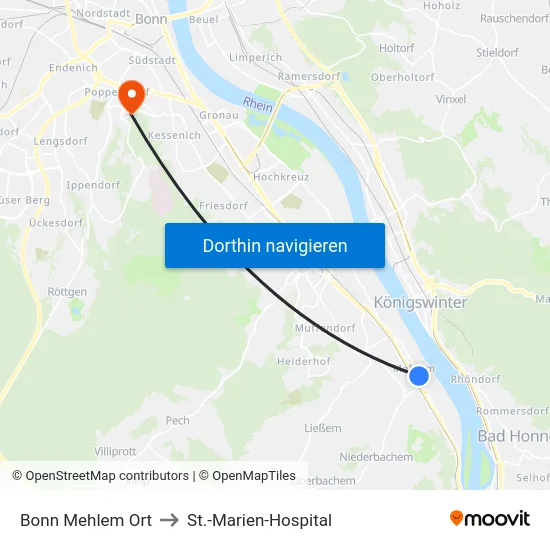 Bonn Mehlem Ort to St.-Marien-Hospital map