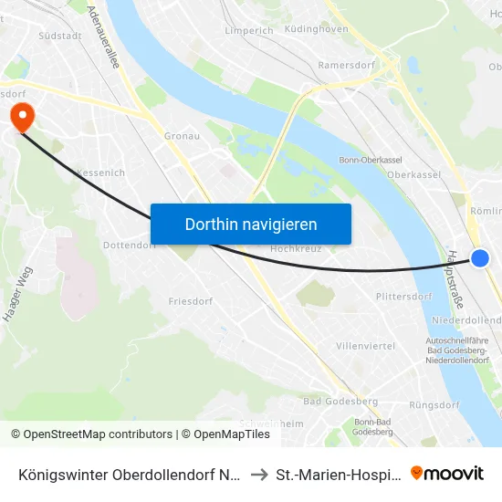 Königswinter Oberdollendorf Nord to St.-Marien-Hospital map