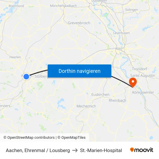 Aachen, Ehrenmal / Lousberg to St.-Marien-Hospital map