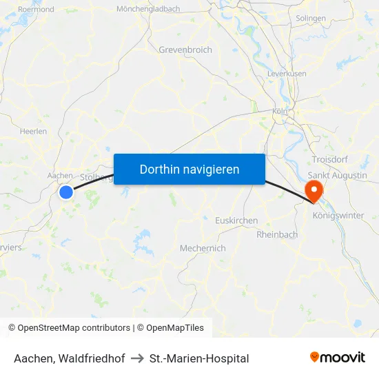 Aachen, Waldfriedhof to St.-Marien-Hospital map