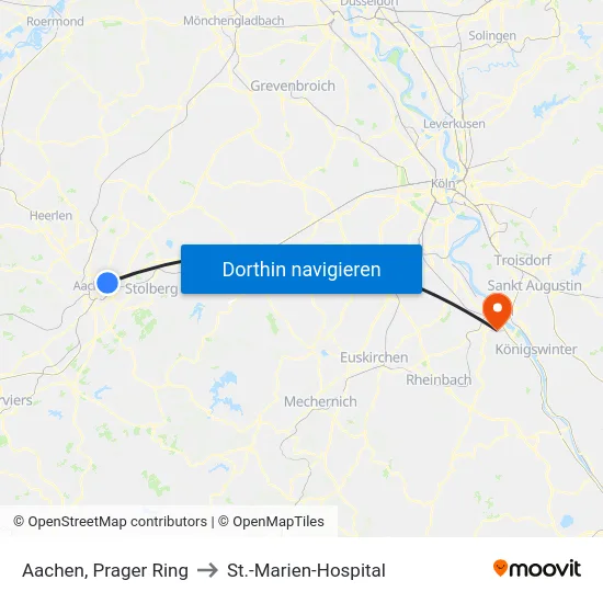 Aachen, Prager Ring to St.-Marien-Hospital map