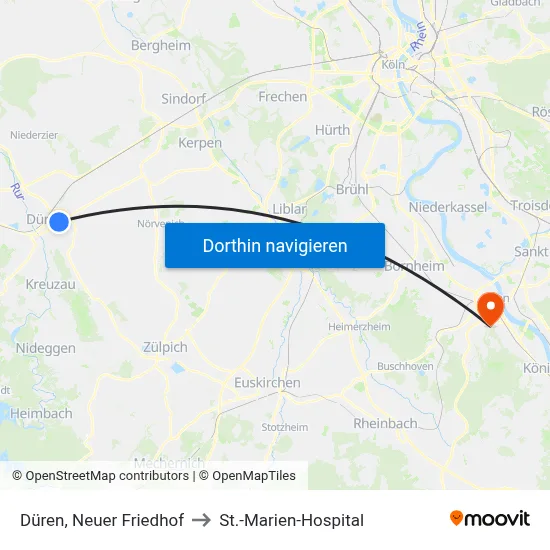 Düren, Neuer Friedhof to St.-Marien-Hospital map