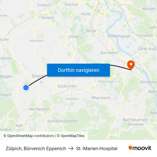 Zülpich, Bürvenich Eppenich to St.-Marien-Hospital map