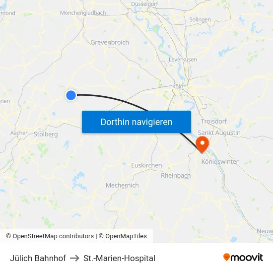 Jülich Bahnhof to St.-Marien-Hospital map