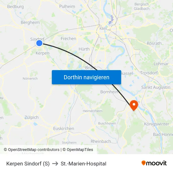 Kerpen Sindorf (S) to St.-Marien-Hospital map