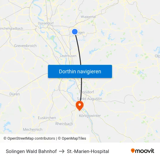 Solingen Wald Bahnhof to St.-Marien-Hospital map