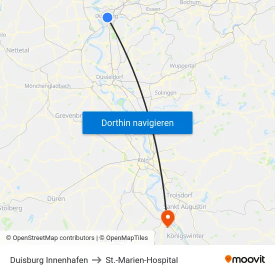 Duisburg Innenhafen to St.-Marien-Hospital map