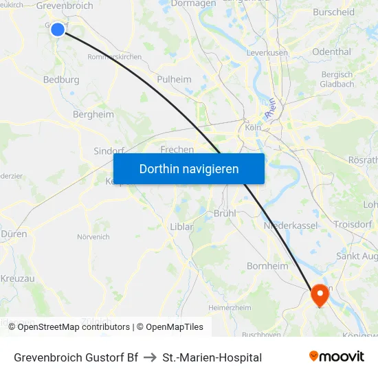 Grevenbroich Gustorf Bf to St.-Marien-Hospital map