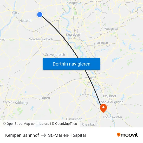 Kempen Bahnhof to St.-Marien-Hospital map