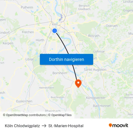 Köln Chlodwigplatz to St.-Marien-Hospital map