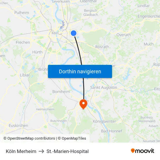 Köln Merheim to St.-Marien-Hospital map
