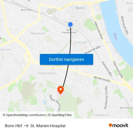Bonn Hbf to St.-Marien-Hospital map