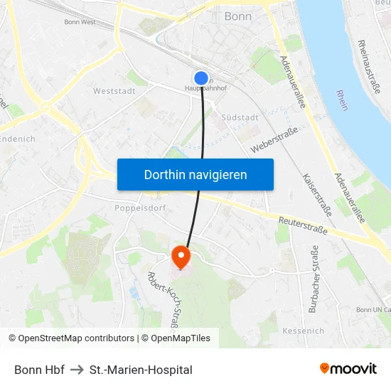 Bonn Hbf to St.-Marien-Hospital map