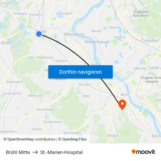 Brühl Mitte to St.-Marien-Hospital map