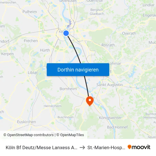Köln Bf Deutz/Messe Lanxess Arena to St.-Marien-Hospital map