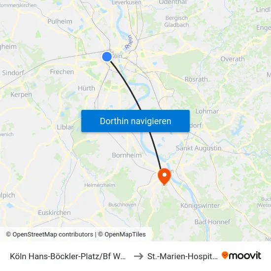 Köln Hans-Böckler-Platz/Bf West to St.-Marien-Hospital map