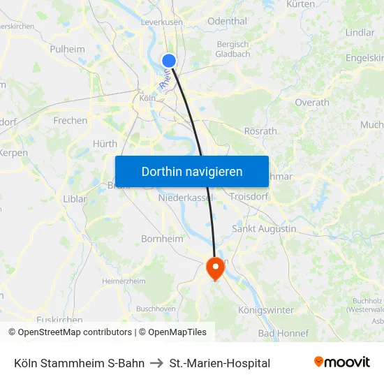 Köln Stammheim S-Bahn to St.-Marien-Hospital map