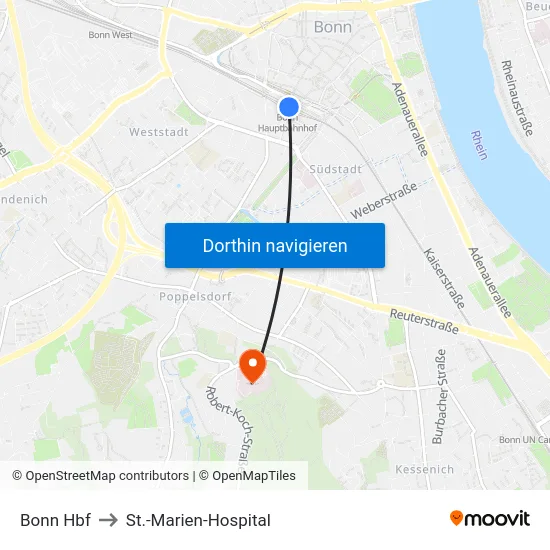 Bonn Hbf to St.-Marien-Hospital map
