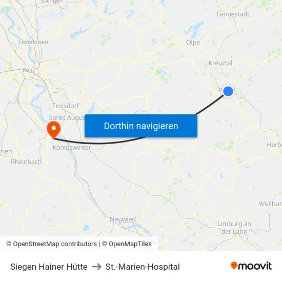 Siegen Hainer Hütte to St.-Marien-Hospital map