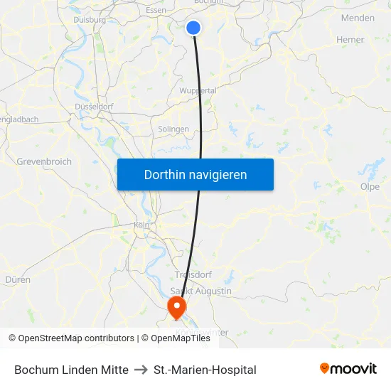 Bochum Linden Mitte to St.-Marien-Hospital map