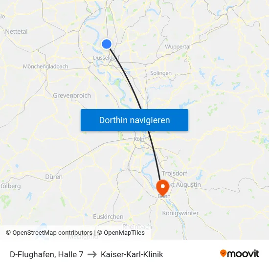 D-Flughafen, Halle 7 to Kaiser-Karl-Klinik map