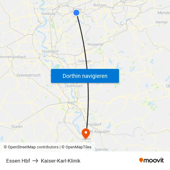 Essen Hbf to Kaiser-Karl-Klinik map