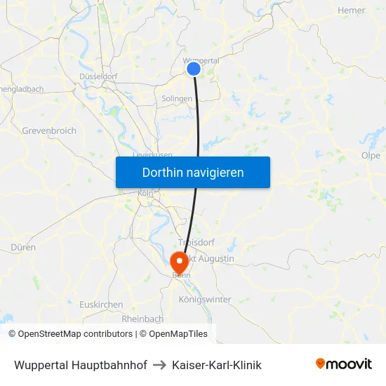 Wuppertal Hauptbahnhof to Kaiser-Karl-Klinik map