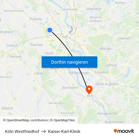 Köln Westfriedhof to Kaiser-Karl-Klinik map