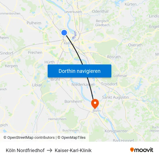 Köln Nordfriedhof to Kaiser-Karl-Klinik map