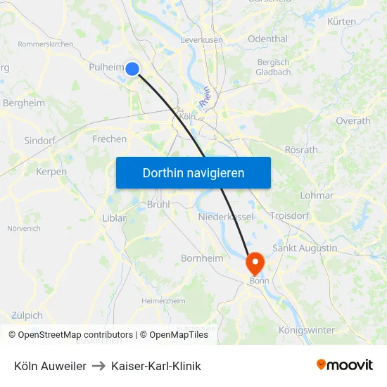 Köln Auweiler to Kaiser-Karl-Klinik map