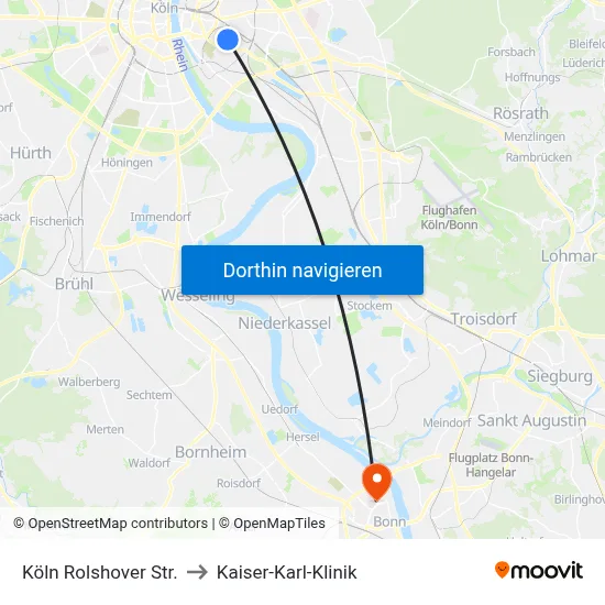 Köln Rolshover Str. to Kaiser-Karl-Klinik map