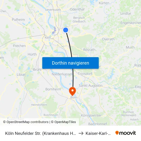 Köln Neufelder Str. (Krankenhaus Holweide) to Kaiser-Karl-Klinik map