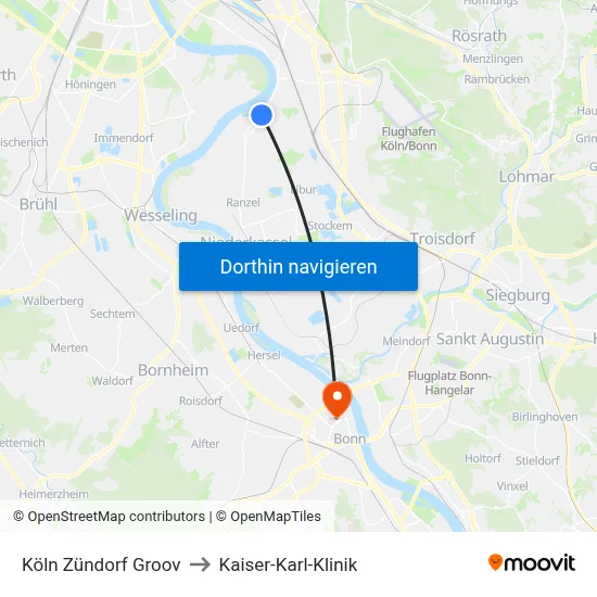 Köln Zündorf Groov to Kaiser-Karl-Klinik map