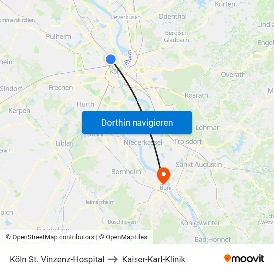 Köln St. Vinzenz-Hospital to Kaiser-Karl-Klinik map
