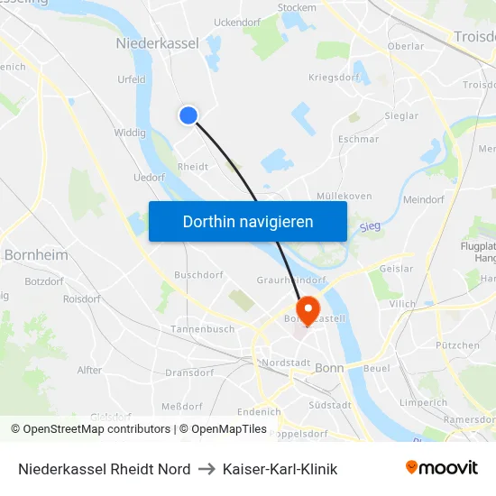 Niederkassel Rheidt Nord to Kaiser-Karl-Klinik map