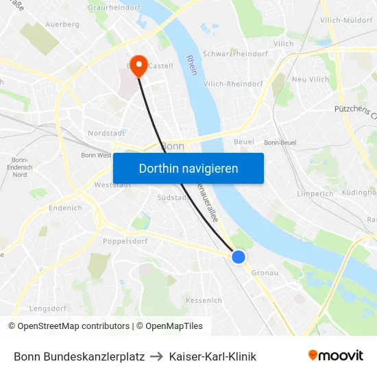 Bonn Bundeskanzlerplatz to Kaiser-Karl-Klinik map