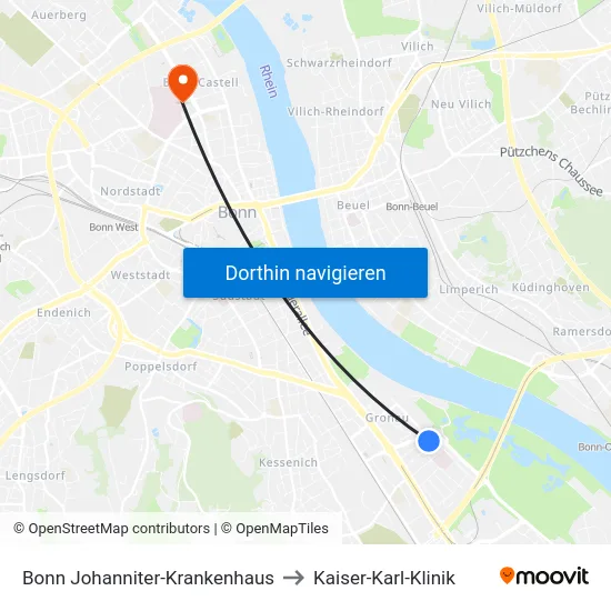 Bonn Johanniter-Krankenhaus to Kaiser-Karl-Klinik map