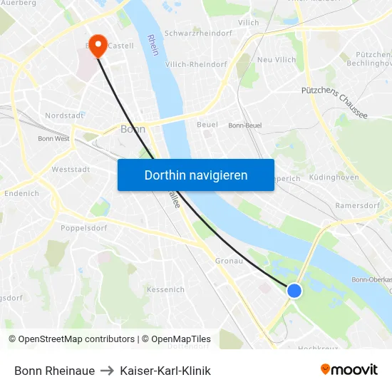 Bonn Rheinaue to Kaiser-Karl-Klinik map