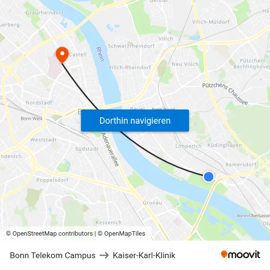 Bonn Telekom Campus to Kaiser-Karl-Klinik map