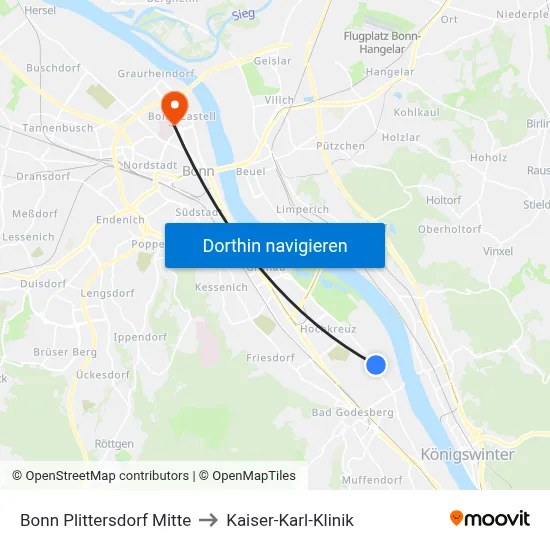 Bonn Plittersdorf Mitte to Kaiser-Karl-Klinik map