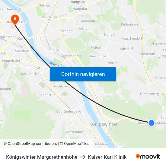 Königswinter Margarethenhöhe to Kaiser-Karl-Klinik map