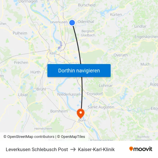 Leverkusen Schlebusch Post to Kaiser-Karl-Klinik map