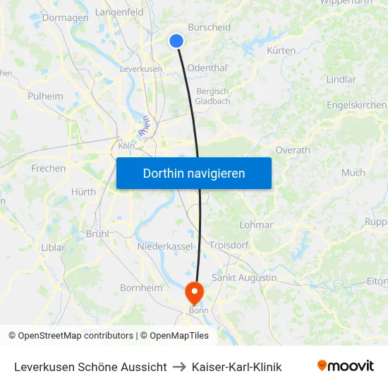 Leverkusen Schöne Aussicht to Kaiser-Karl-Klinik map